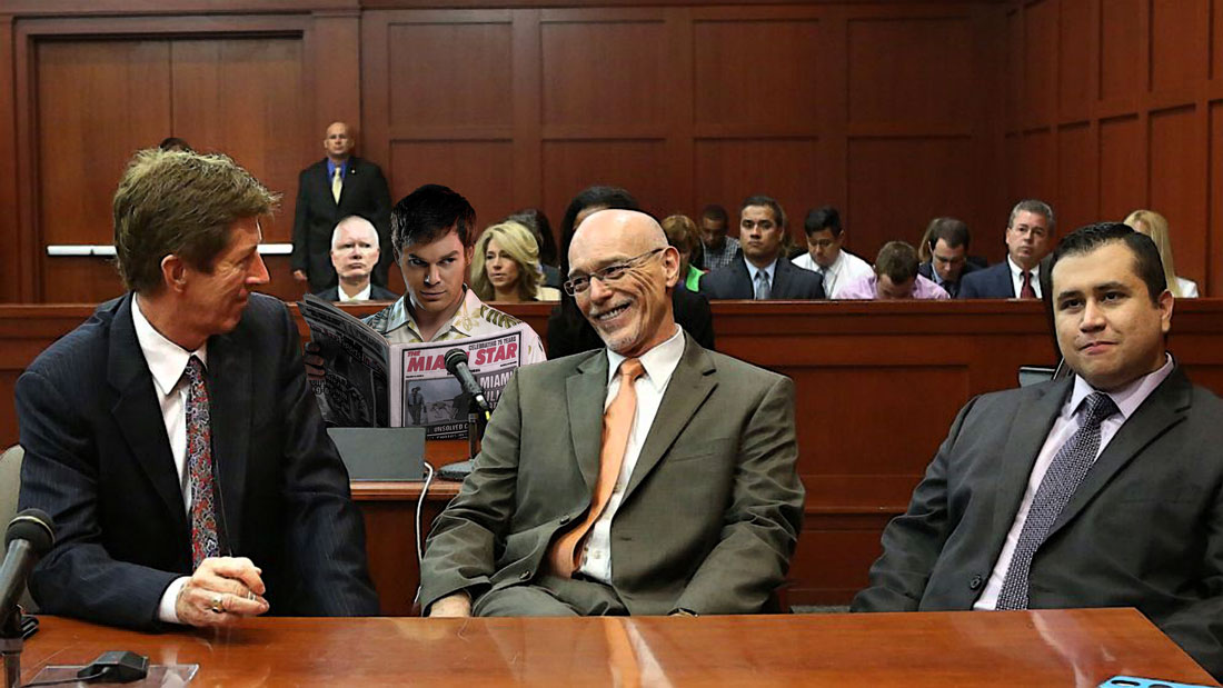 Dexter Morgan watches Zimmerman in court.