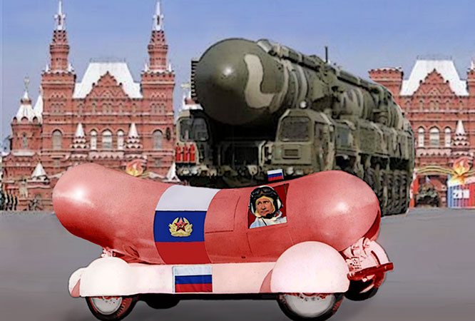 Russian President Putin in vintage 1940's four cylinder drive up suicide wiener bomb.