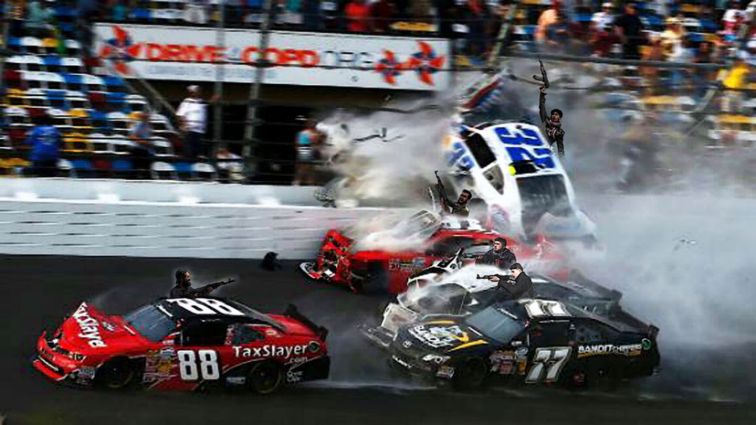 NRA 500 armed auto racing action.