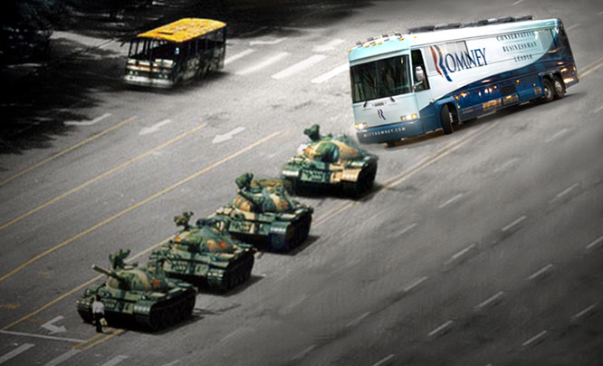 Middle class protestor refuses to move for Romney bus!